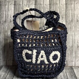 Navy Blue Crochet Tote Bag with 'CIAO' Design